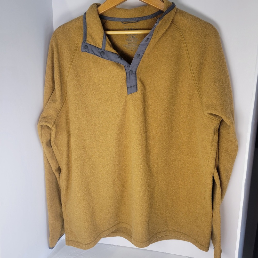 LL Bean Mens Fleece Pullover Snap Placket Mustard Yellow 525970 Large Regular
